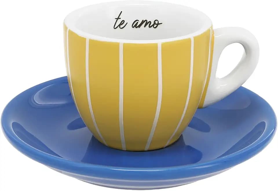 Pavilion Gift Company - Te Amo - 2.5 oz Stoneware Espresso Cup Saucer Mediterranean Summer Vibrant Drinkware