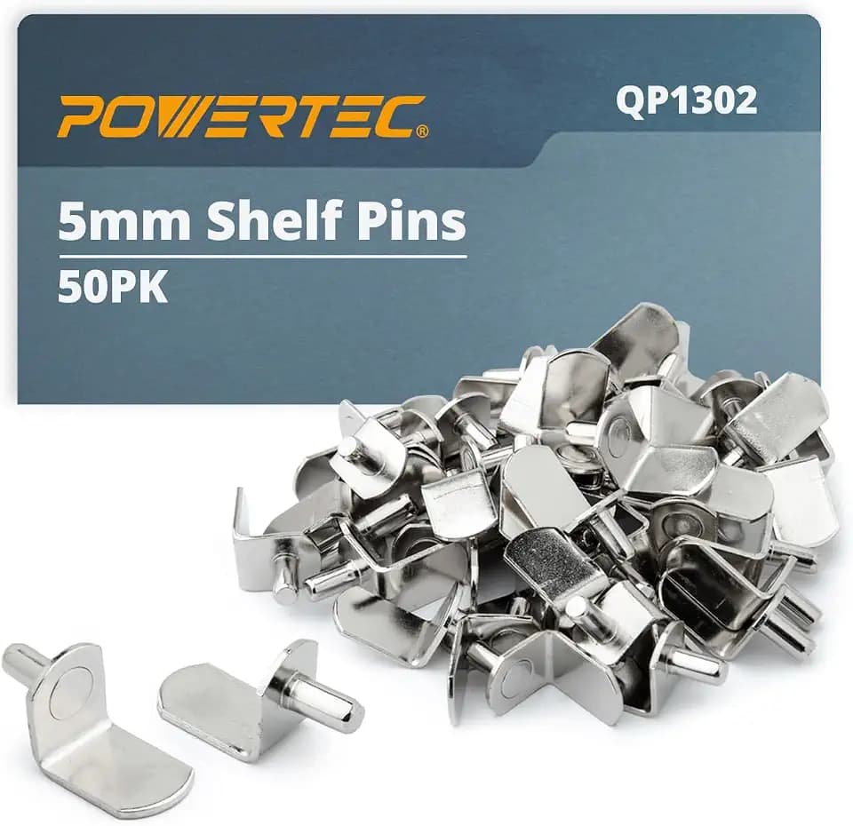 POWERTEC QP1302 5mm Shelf Pegs 50 pcs, L-Shaped Bracket Shelf Pins Support Pegs for Shelves, Kitchen Cabinet Shelf, Bookshelf, Closet and Furniture, Nickel Plated Shelf Holders Pegs