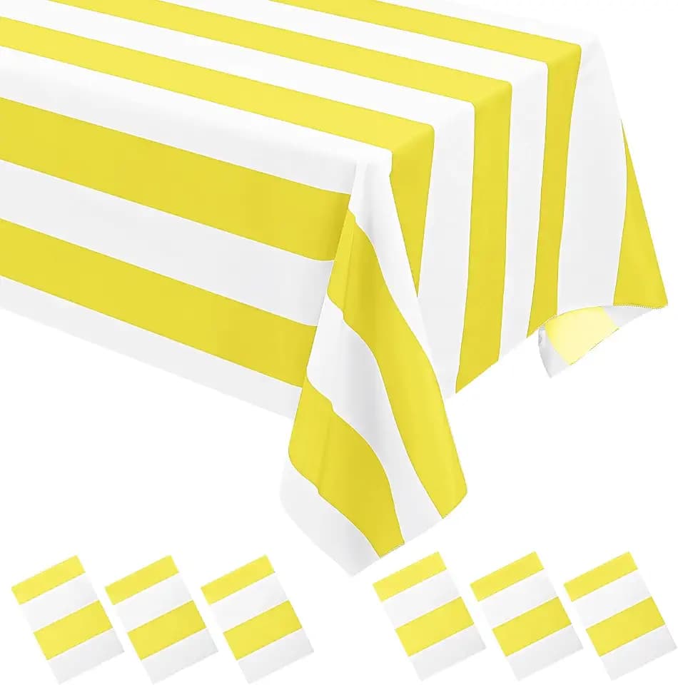 6 Pack Yellow and White Striped Tablecloth Rectangle 54x108inch Polyester Fabric Washable Table Cloth for Afternoon Tea Table Birthday Party Picnic Barbecue Gathering Indoor Outdoor Dining Decor