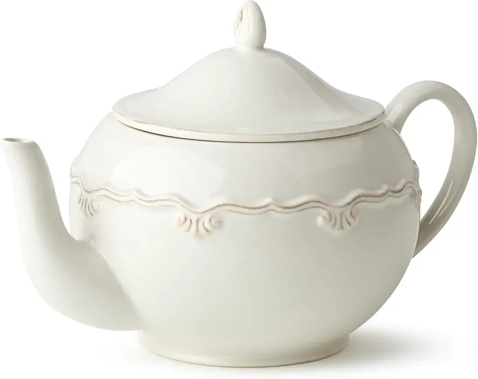 Heritage 48oz Stoneware Teapot with Lid – Elegant 10.75" x 7" x 7.25" Ivory Teapot Featuring Embossed Scrollwork & Vintage-Inspired Detailing – Farmhouse Serveware