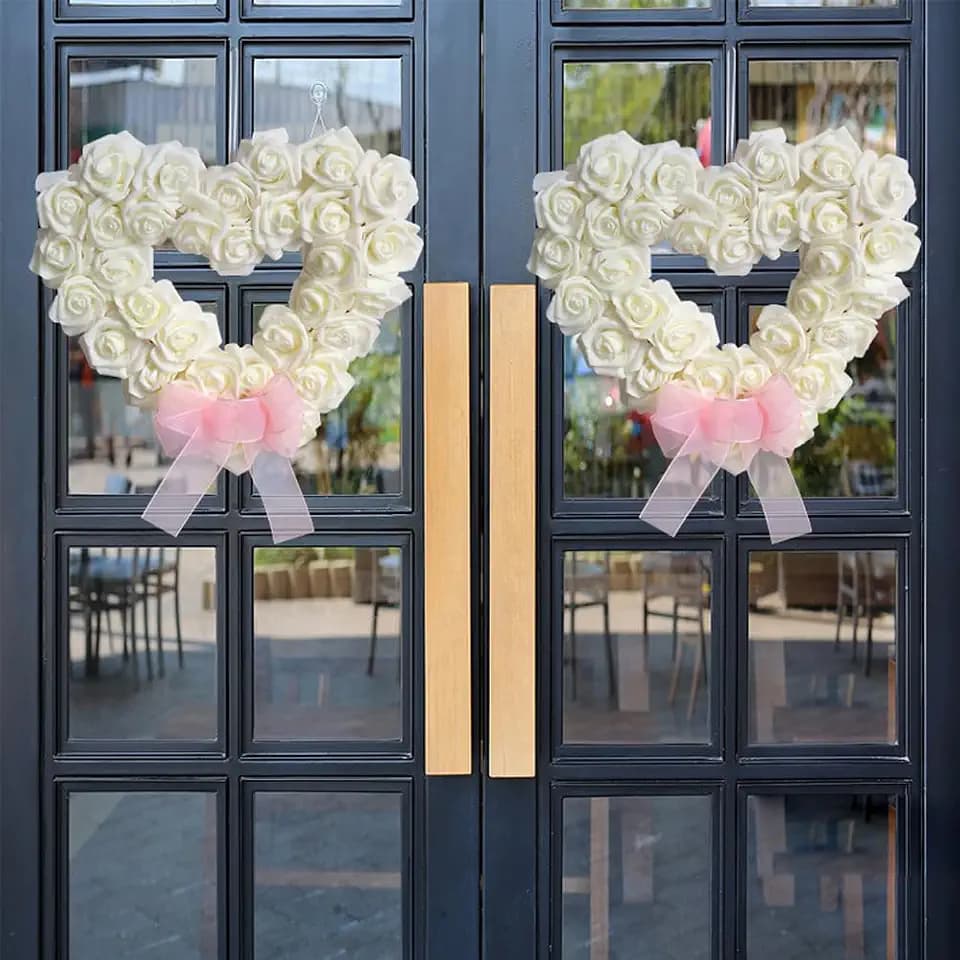 Valentine's Day Heart Shaped Rose Wreath - Artificial White Rose Love Garland for Wedding Party Decorations
