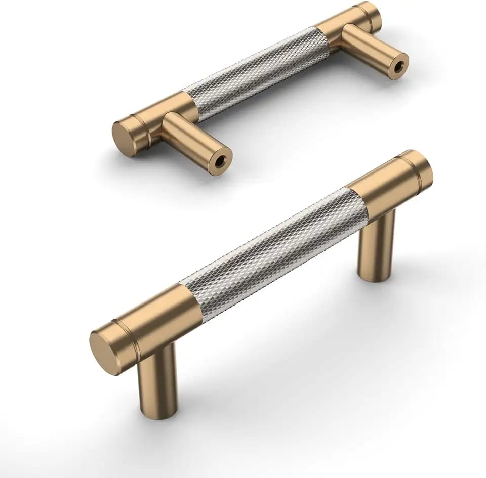 Amerdeco 10 Pack Champagne Bronze and Brushed Nickel Knurled Cabinet Pulls 3 Inch Hole Center to Hole Center Kitchen Cabinet Handles for Drawer Dresser, Cupboard and Wardrobe ZH0040