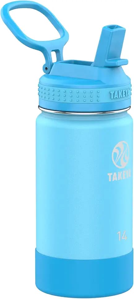 Takeya Actives Kids Water Bottle 14 oz Stainless Steel Double Wall Insulation BPA-Free Leakproof Straw Lid Easy Carry Handle Reusable Ideal for Boys and Girls, School, Sports - Atlantic Blue