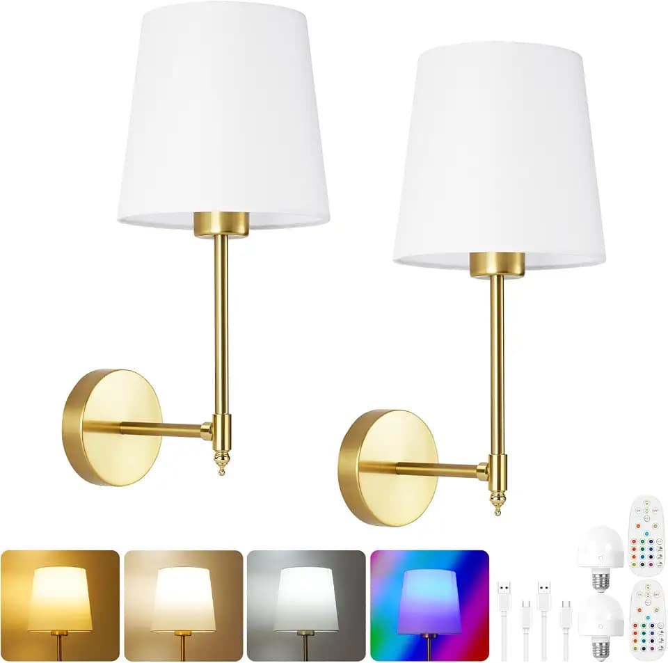 HOTUT Wandlampe Akku Innen, 2 Stück Wandleuchte kabellos Gold mit Glühbirnen und Fernbedienung, 15 Farben dimmbare, Batteriebetrieben Wiederaufladbare Wandleuchte für Wohnzimmer Schlafzimmer Flur