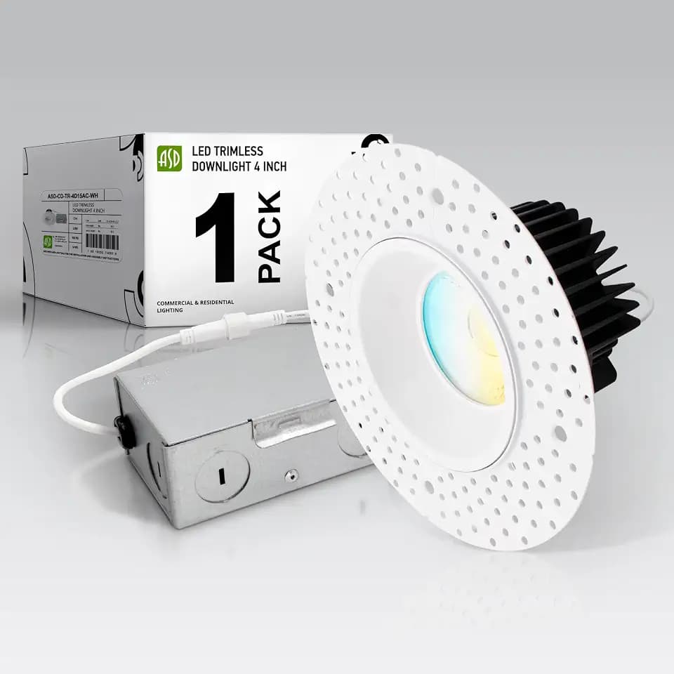 ASD 4 Inch Trimless LED Recessed Ceiling Light Fixture, Mud-in Canless Downlight with Junction Box, 5CCT Selectable 2700K-5000K, 15W 1055 Lumens, CRI90+, Anti-Glare, Dimmable, IC & Wet Rated, ETL