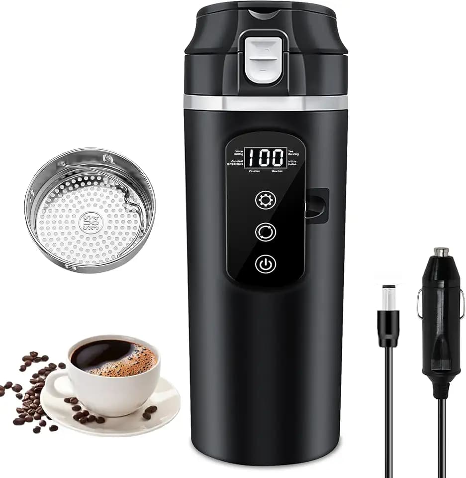 Auto Reise Elektrischer Wasserkocher, DC 12V/24V Auto Wasserkocher, Reisewasserkocher Klein, Mini Wasserkochers mit LCD-Anzeige, Heizbecher aus Edelstahl mit Temperaturregelung für Lkw Camping