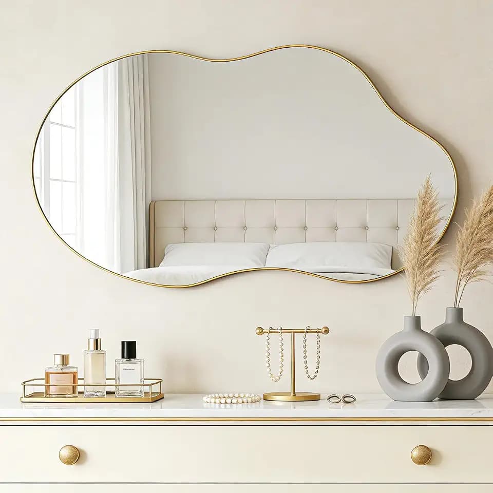 SHYFOY Large Irregular Wall Mirror,43" Decorative Wavy Antique-Gold Mirror