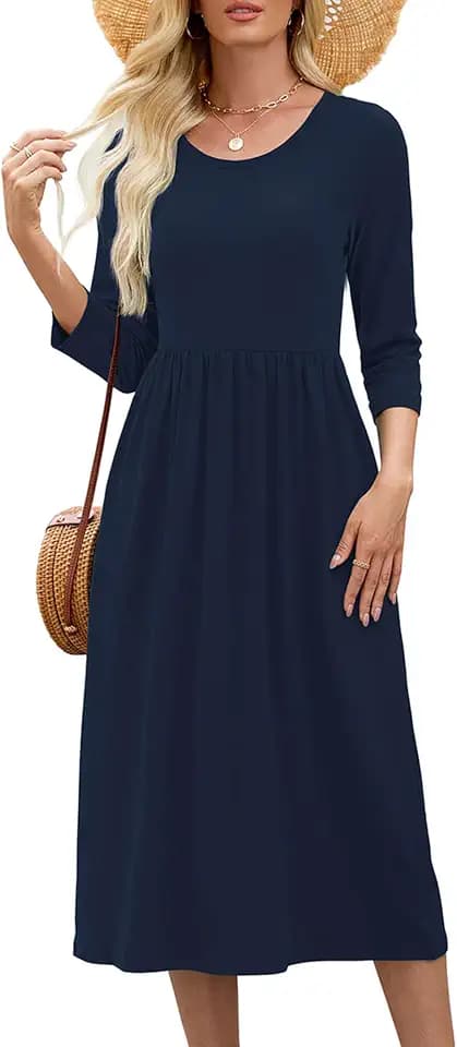 Heymoments Women's Casual 3/4 Sleeve Midi Dress with Pockets