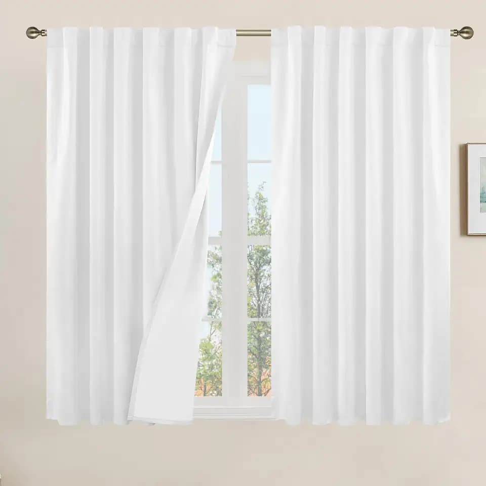 LAMIT 54 Inch White Linen Textured Blackout Curtains for Bedroom 2 Panels