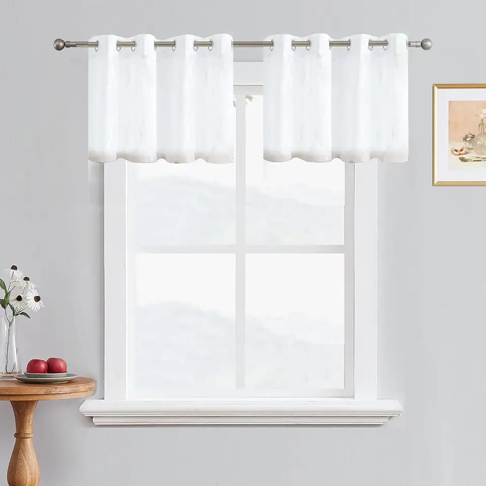 July Joy White Sheer Curtains 18 Inches Long Moroccan Embroidered Grommet Semi Window Drapes for Living Room Bedroom, White 2 Panels