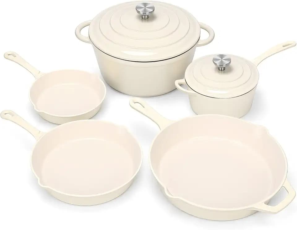 5-Piece Enameled Cast Iron Cookware Set with Lids, Dutch Oven & Skillets