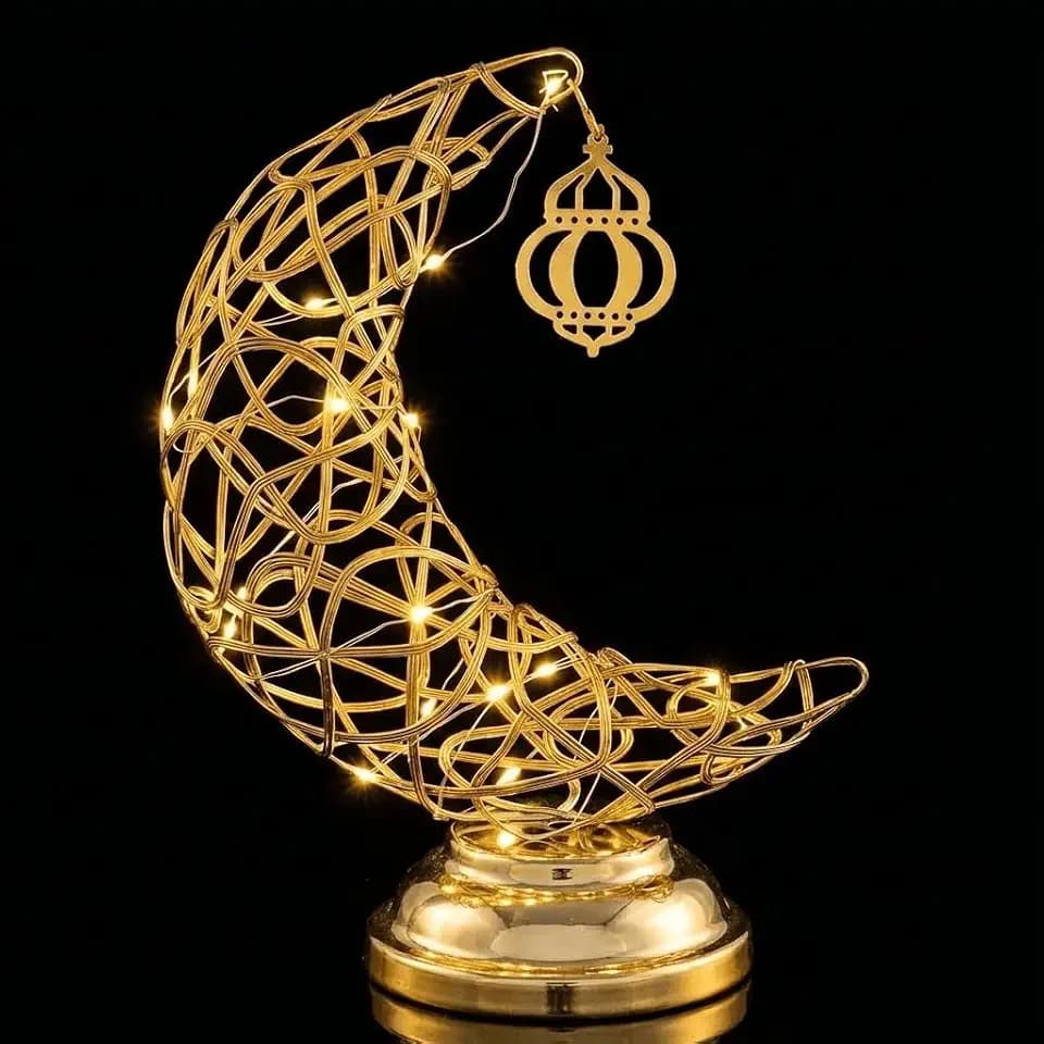 Ramadan Lights Decorations for Home 2026, Metal Rattan Crescent Moon Stand Lamp Ramadan Lights, Eid Mubarak Table Centerpieces Decor, Islamic Gifts for Muslim