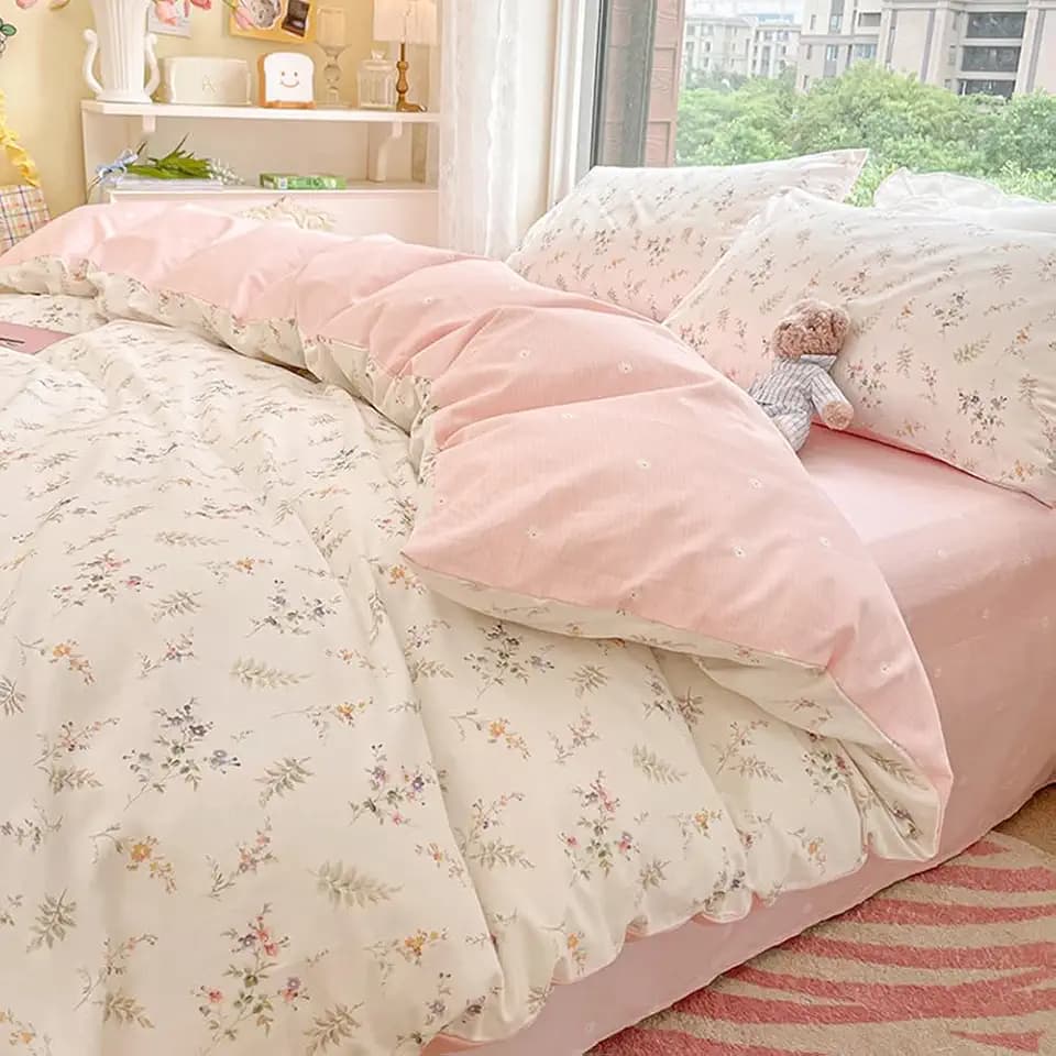 Nayoroom Pink Floral Duvet Cover Queen Reversible Striped Coquette Bedding