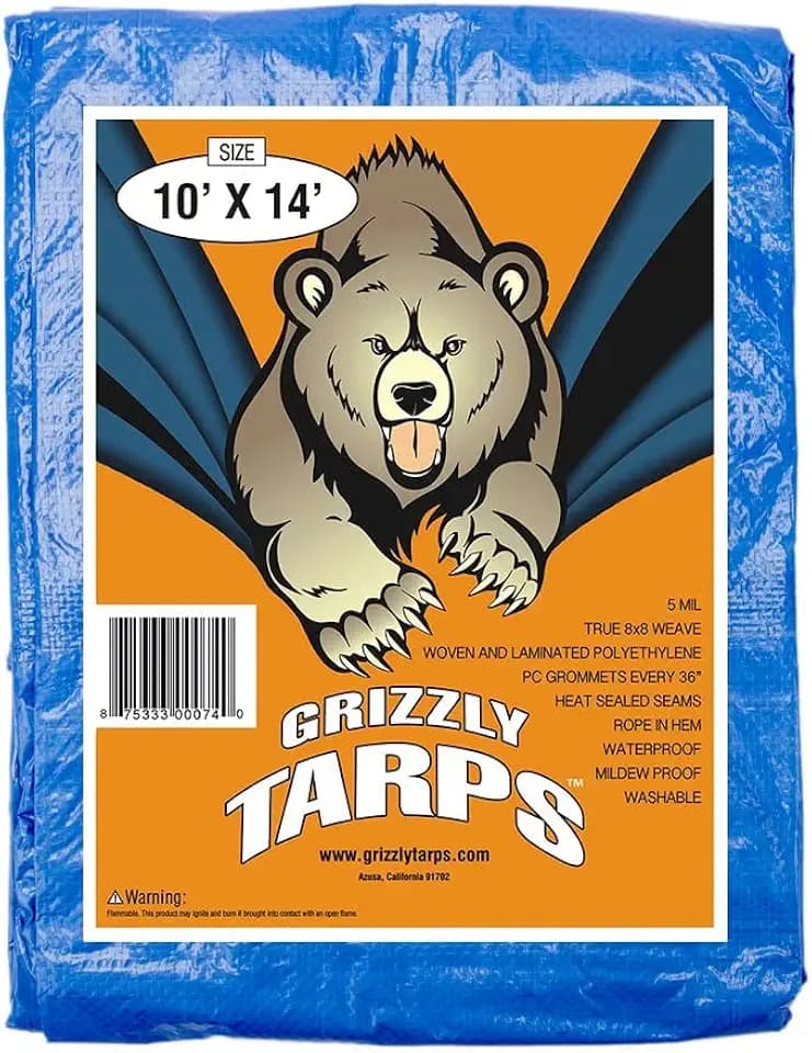 Grizzly Tarps by B-Air 10' x 14' Large Multi-Purpose Waterproof Heavy Duty Poly Tarp with Grommets Every 36", 8x8 Weave, 5 Mil Thick, for Home, Boats, Cars, Camping, Protective Cover, Blue