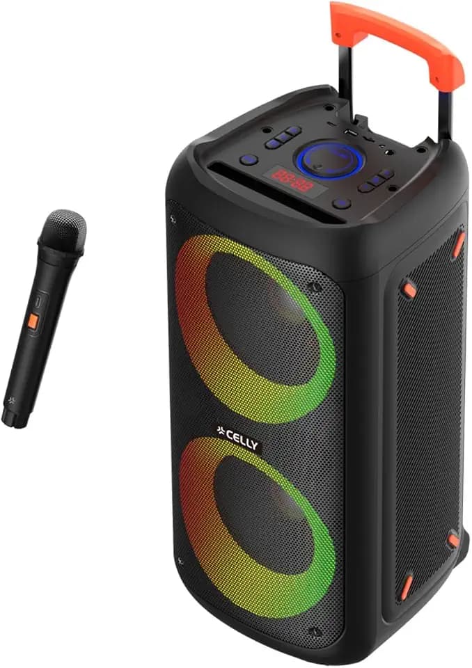 Celly, Tragbarer Bluetooth-Lautsprecher mit kabellosem Mikrofon und Lichteffekten, True Wireless Stereo-Technologie für Partys und Veranstaltungen, leicht zu transportieren, Leistung von 40 W
