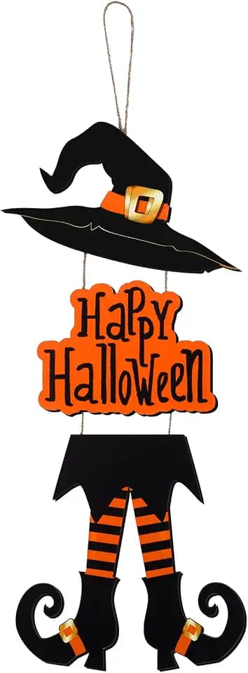 Yerliker Happy Halloween Sign Decoration Orange Wooden Witch Hanging