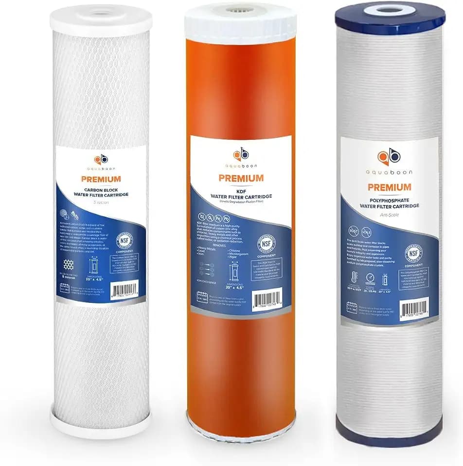 Aquaboon 5 Micron 20 x 4.5 Whole House Water Filter Replacement Cartridge Set: Anti-Scale, KDF, CTO for 3-Stage Water Filtration System 1 Pack