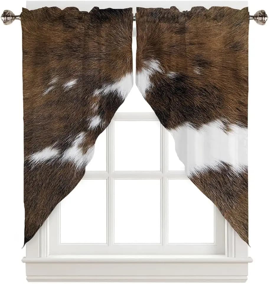 CAPSCEOLL Short Curtains for Small Windows Brown and White Cowhide Print Half Swag Curtains with Valance Rustic Farmhouse Kitchen & Bathroom Window Treatment (2 Panel 29X36 Inches)
