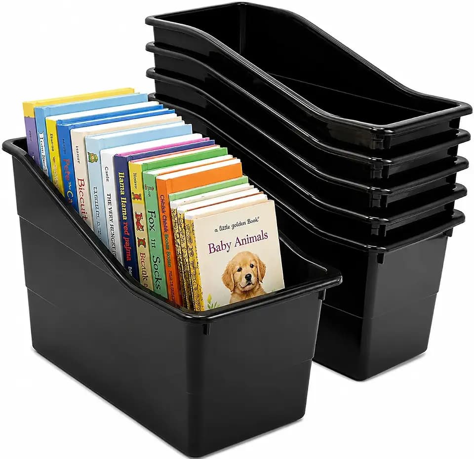 4E's Novelty 6 Durable Book and Binder Holder, Files Book Bins for Classroom, Plastic Vertical Storage Book Organizer Folder Office Classroom Organization Containers Supplies (With Labels)
