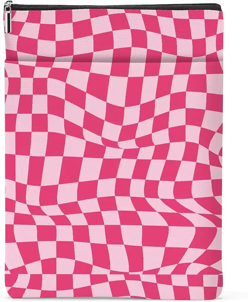 Wave Pink Plaid Book Lovers Gifts Book Sleeve Vintage Checkered Waterproof Book Cover Book Pouch Book Protector with Front Pocket Book Club Christmas Birthday Gifts for Women Girl Book Accessories