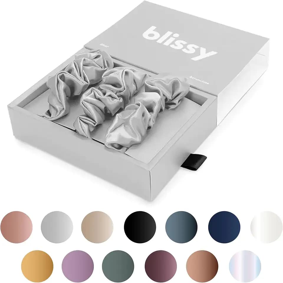 Blissy Silk Scrunchies (3 Pack) - 100% Pure Mulberry Silk - 22 Momme 6A High-Grade Fibers Scrunchie for Straight & Curly Hair - Preventing Breakage, Tangling, & Creasing (Silver Regular)