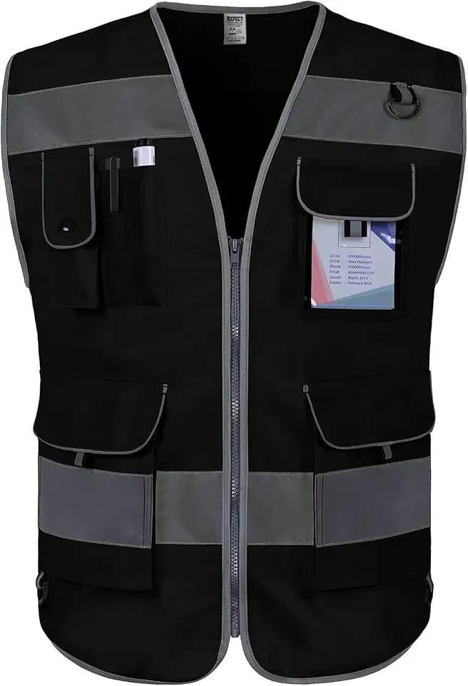 TCCFCCT Black Safety Vest for Men Women 9 Pockets High Visibility Reflective Vest for Safety, Work Vest with Reflective Strips, Meets ANSI/ISEA Standards, Large