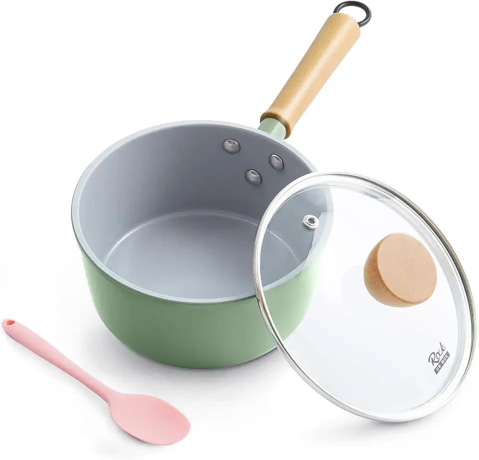 ROCKURWOK Ceramic Sauce Pan with Lid, 1.5Qt Small Pots for Cooking, Green