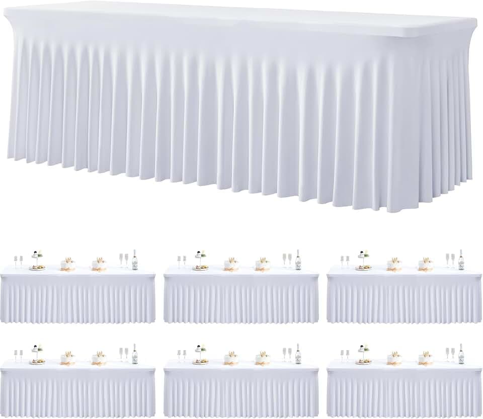 6 Pack Spandex White Tablecloths for 8 Foot Rectangle Tables, Stretchy Table Cloths 8ft Fitted Table Cover Desk Skirt for Parties Weddings Birthday Banquet Baby Shower