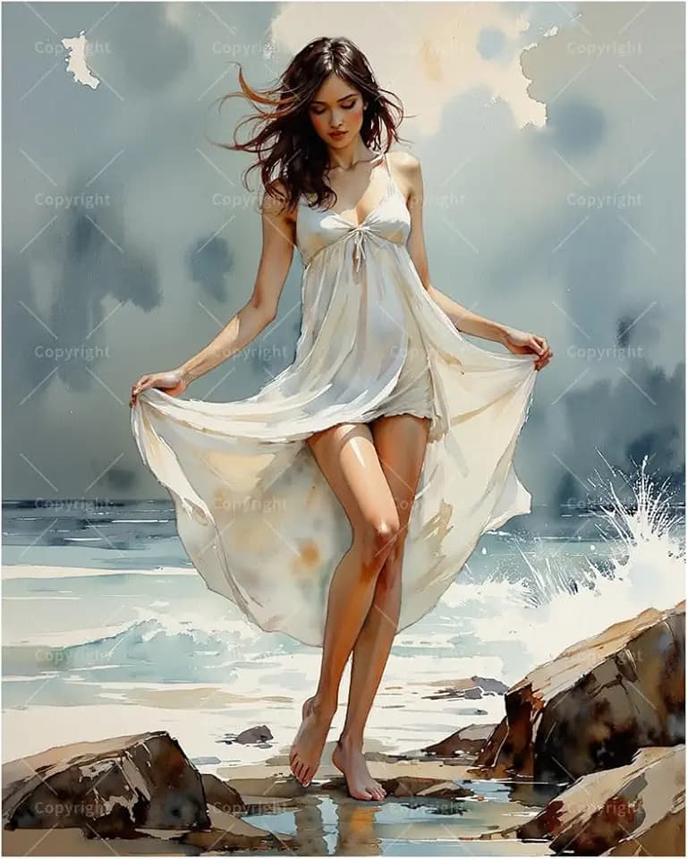 Portrait Paint by Numbers Kit for Adults - DIY Woman in Flowing White Dress by The Ocean Painting on Canvas, Acrylic Paint Set, Suitable for Beginners, Art for Home Decor or Gifts(16X20IN Framed)