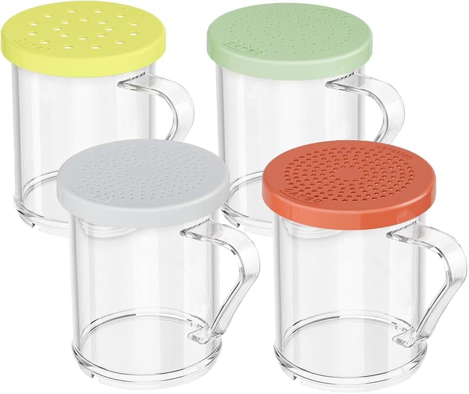 4-Pack Plastic Dredge Shaker Set, 10 oz Clear Flour & Sugar Dispensers with Handles, Commercial Seasoning Shakers for Powder, Spices & Herbs, 4 Bodies & 4 Lids with Different Hole Sizes