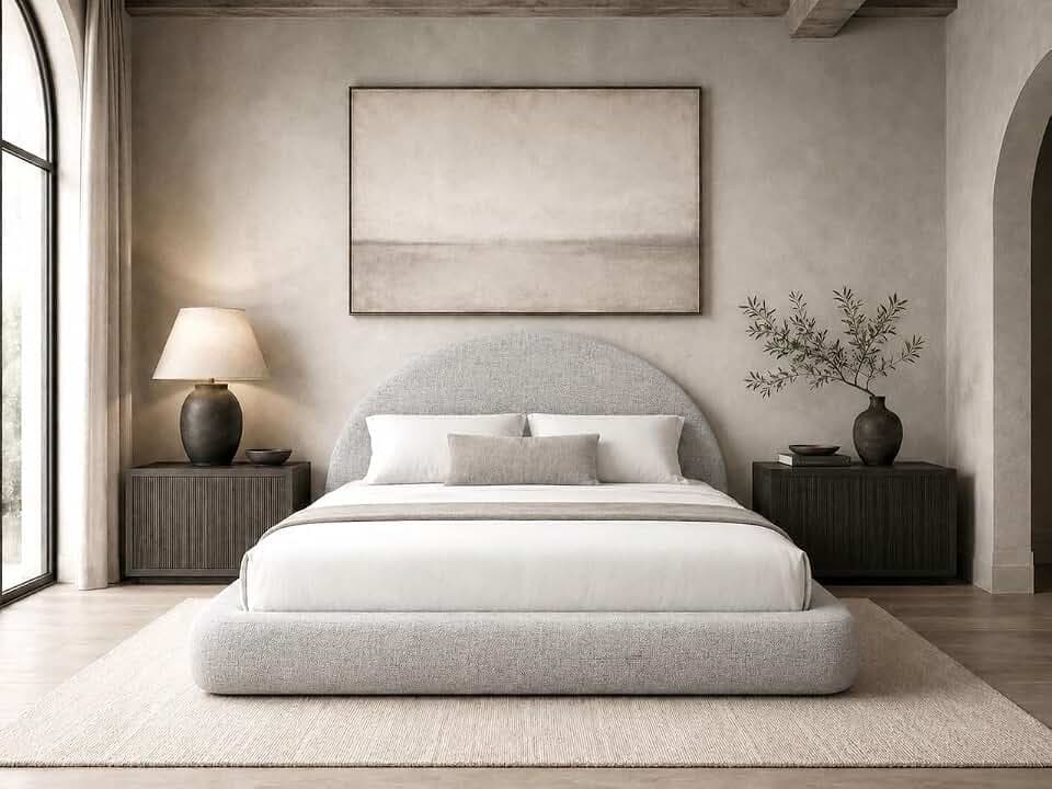 Round Bed – Washable Zip Cover - Upholstered Linen Soft Foam - Modular Minimalist Modern - Half Circle Moon - Sold Sold Separately (Gray Linen, Queen Headboard)