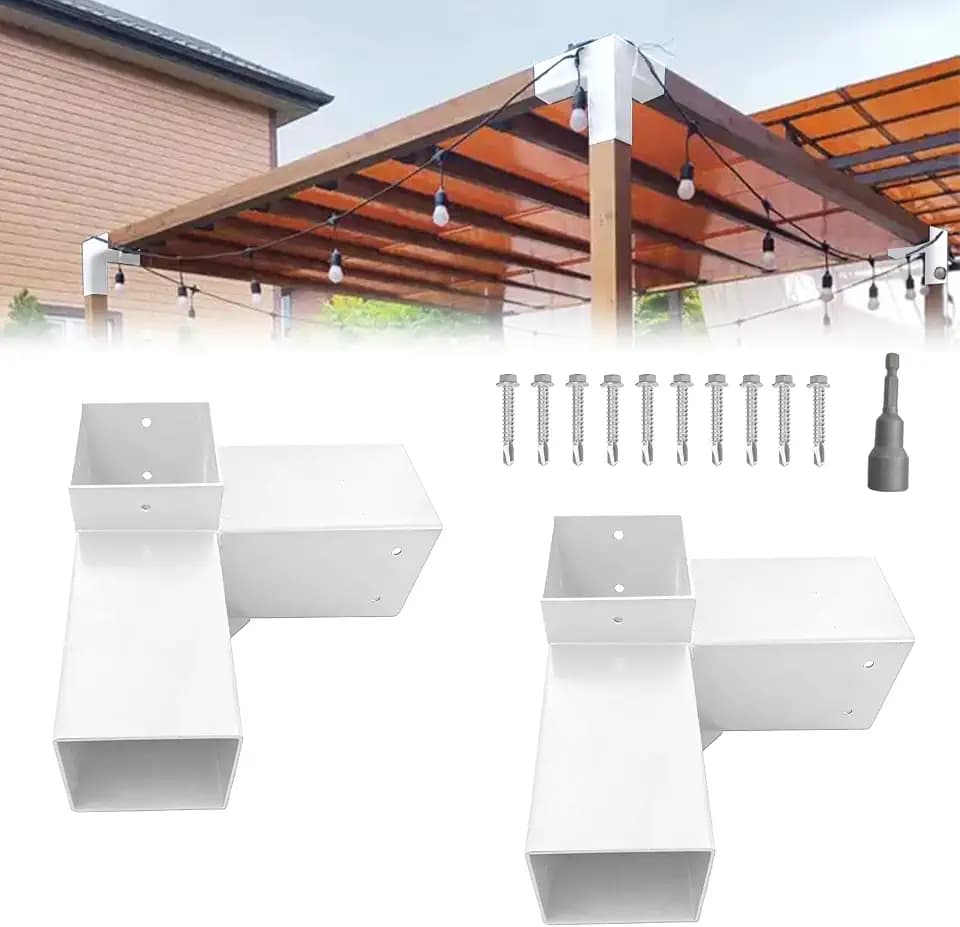 2Pack 3-Way Pergola DIY Bracket Kit,White Heavy Duty Right Angle Corner Brackets with Screws for 4"x4"(Actal:3.5"x3.5") Wood Beams for Outdoor Pavilion,Kitchen,Porch,Hammock,Hunt Cabin