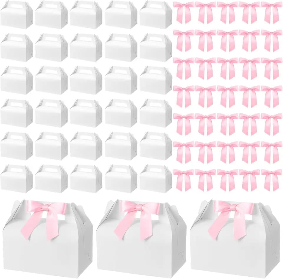 60 Pcs Bow Treat Boxes White Treat Gift Boxes with Satin Ribbon, Coquette Bow Themed Candy Box for Party Favor Snacks Cookie Wedding Birthday Bridal Baby Shower 6.4 x 3.6 x 3.2 Inches(Pink)