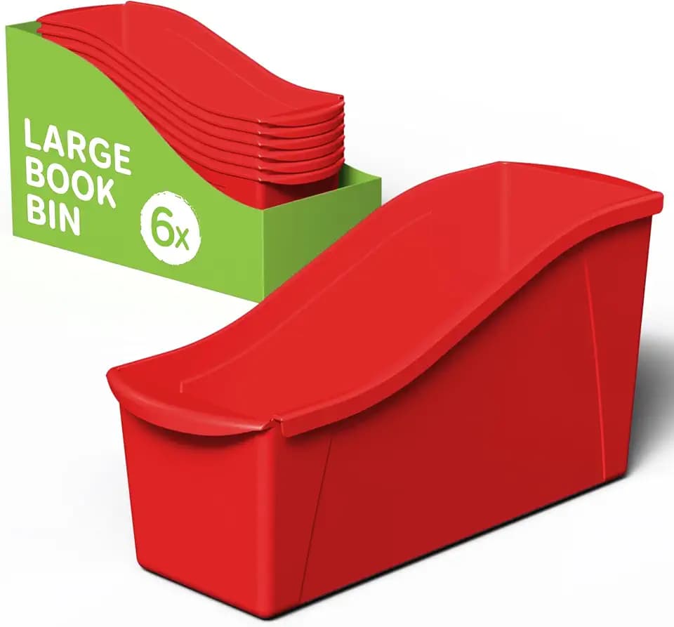 Storex Large Book Bin, Interlocking Plastic Organizer for Home, Office and Classroom, Red, 6-Pack (71102U06C)