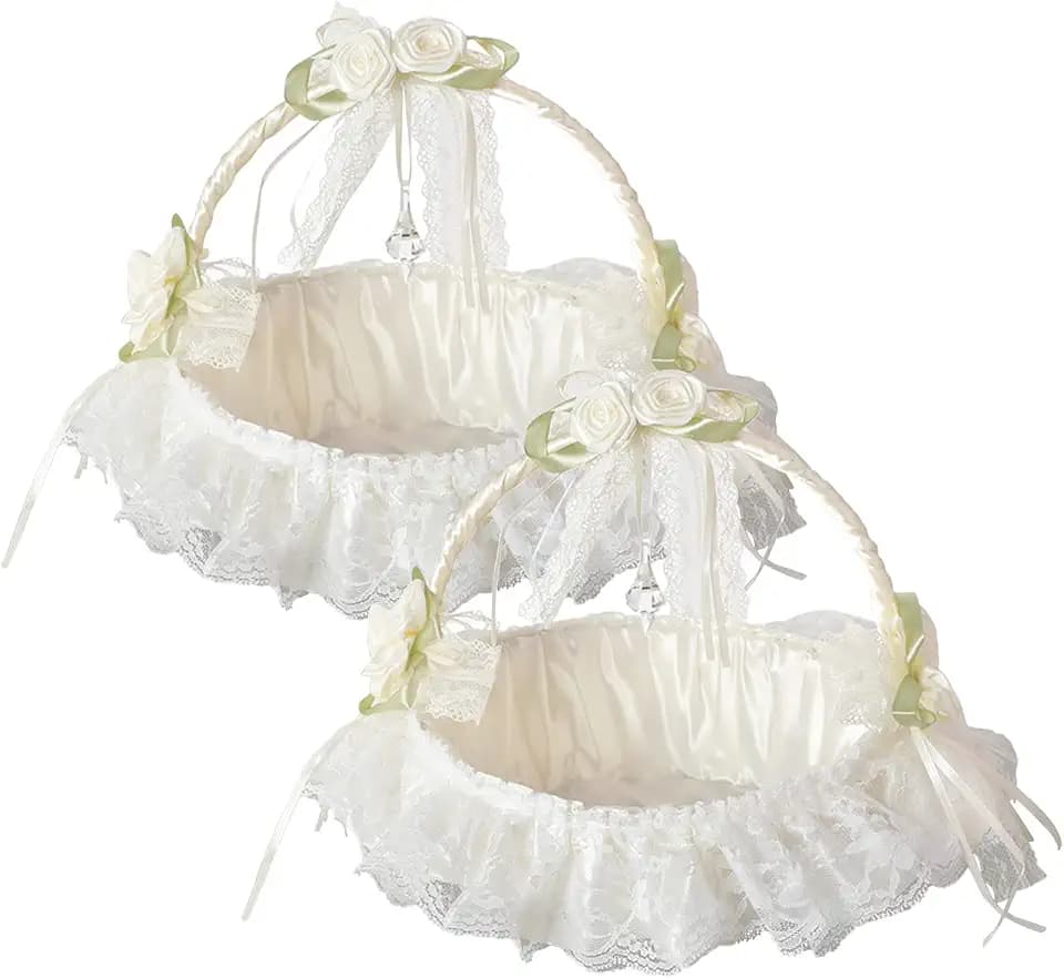 Large Flower Girl Baskets for Weddings Set of 2 Fairy Lace Bowknot Wedding Basket with Foldable Handle Lvory Petal Confetti Candy Party Supplies, White (X011337Z8DVUU)