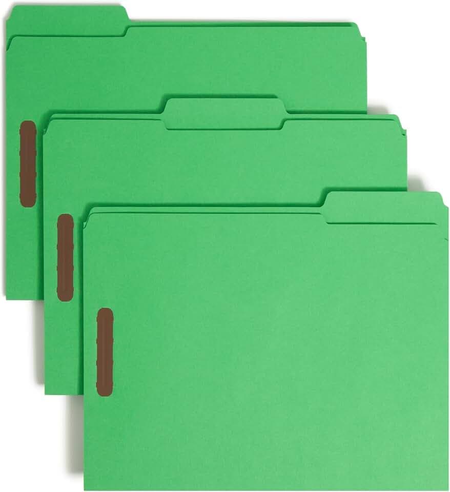 Smead Green Fastener File Folders with Prongs, 3 Tab Letter Size