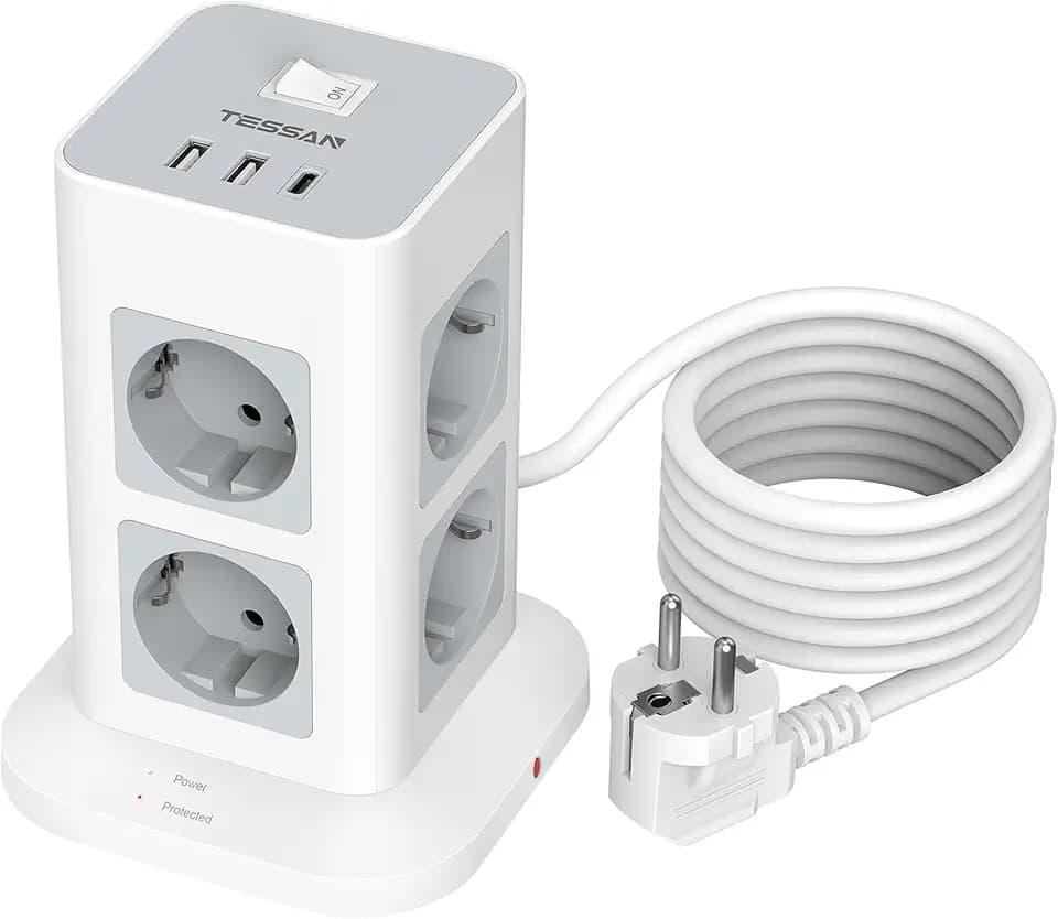 TESSAN 8 Fach Mehrfachsteckdose mit USB C, Verlängerungskabel 2M, Grau