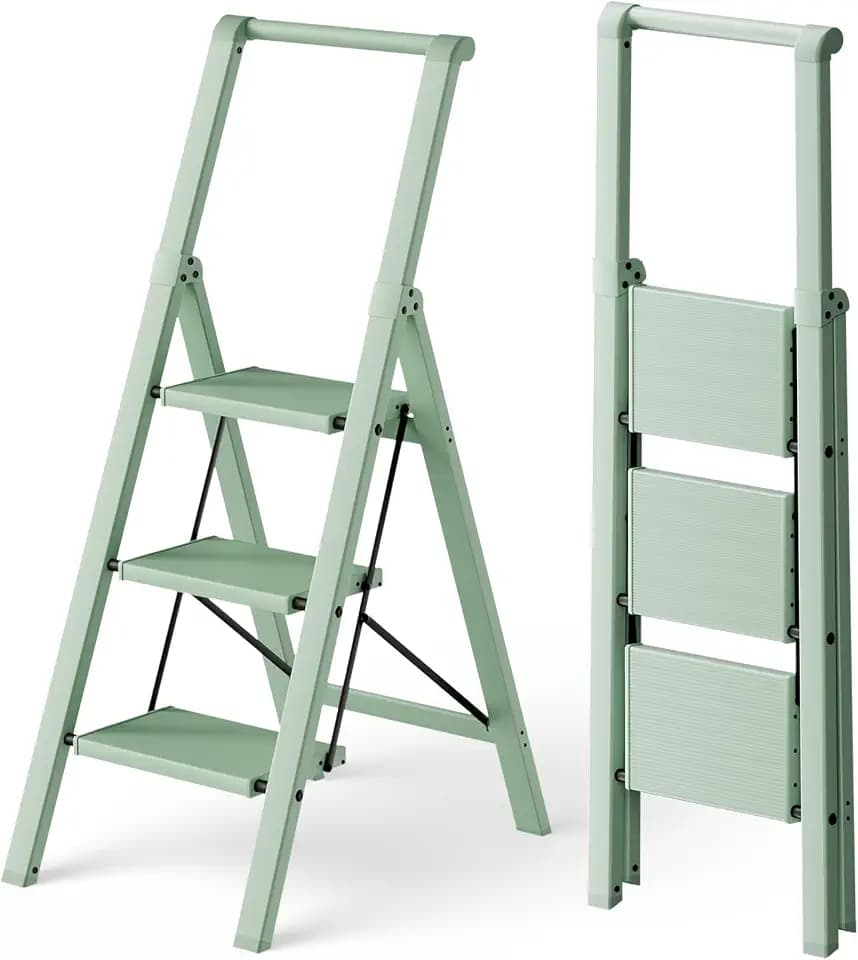 HillhutApex Aluminum 3 Step Ladder, Step Stool Foldable Ladder(Pale Green)