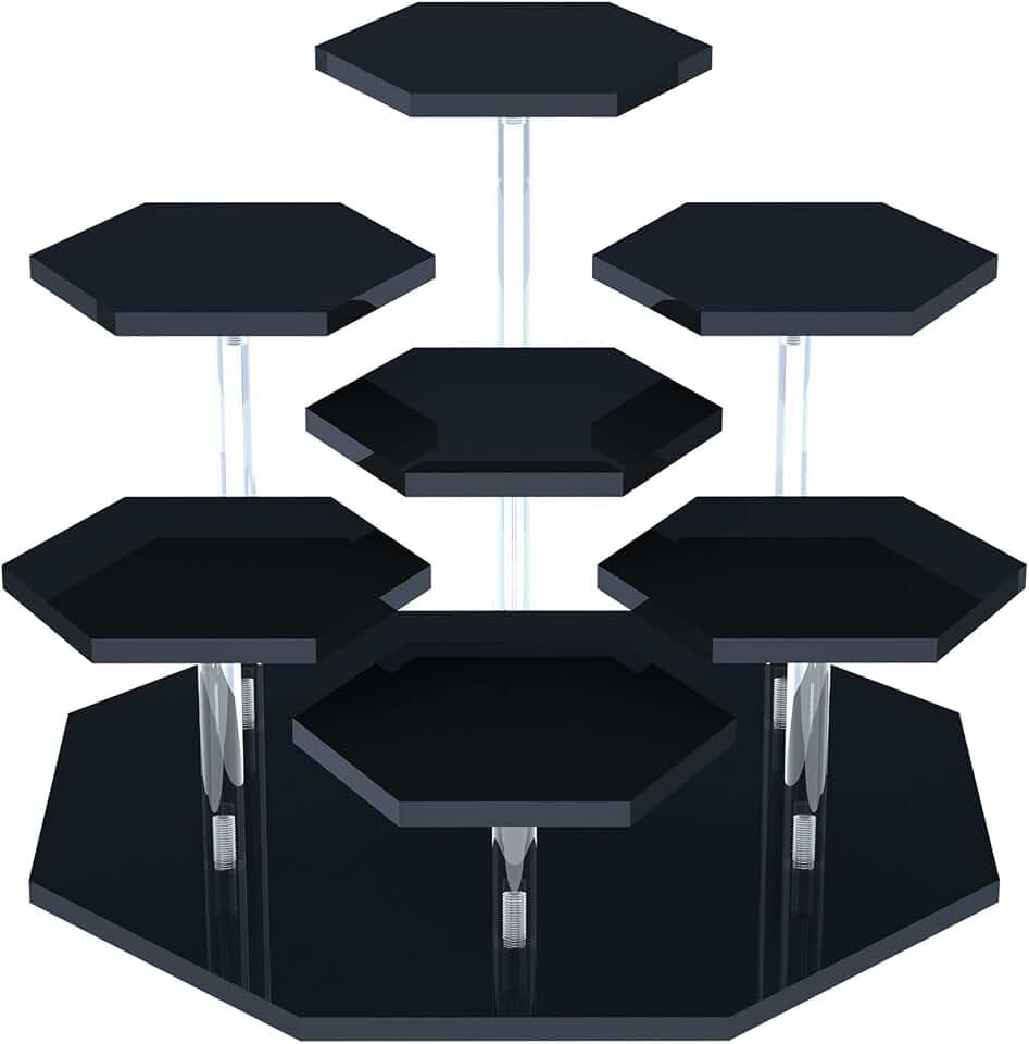 Acrylic Cupcake Stand with Patented 7-Tier Stable Design, Clear Perfume Organizer and Dessert Display Riser, Non-Wobble Tiered Display Stand for Figures, Collections, Vendor Events & Party (Large-Black)