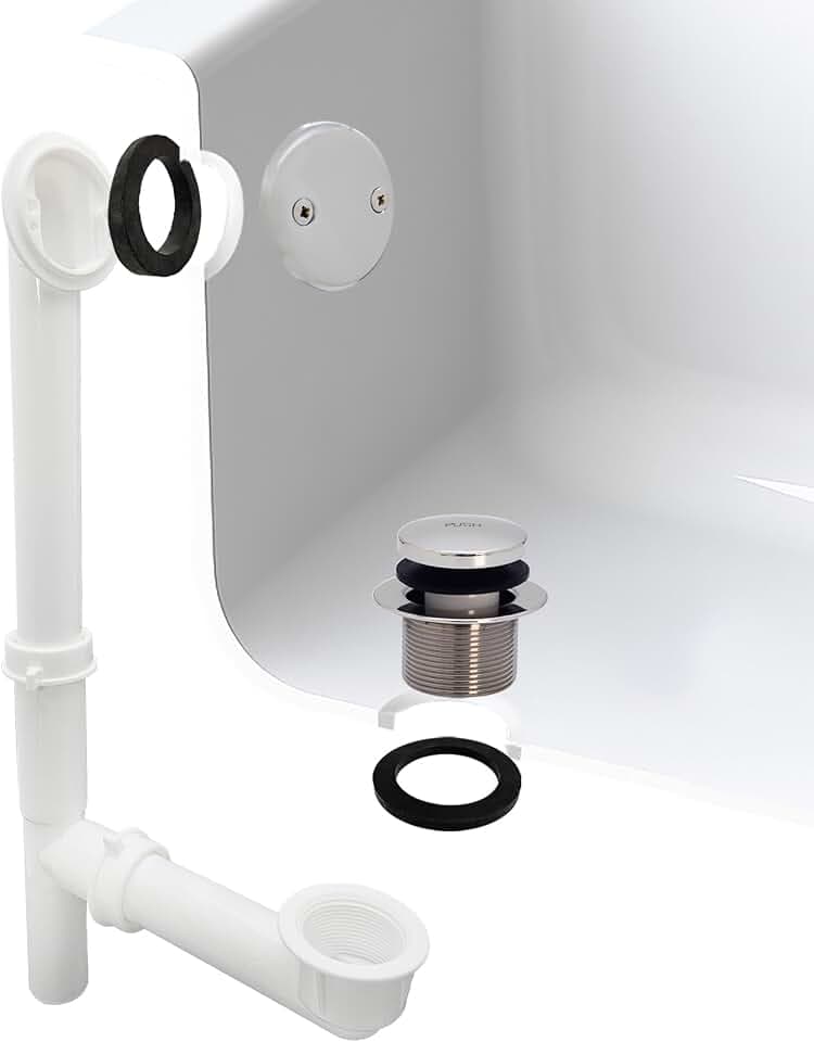 Westbrass A593244-26 14" x 1-1/2" White Tubular Bathtub Waste & Overflow Assembly with Tip-Toe Drain Plug and 2-Hole Faceplate, Polished Chrome