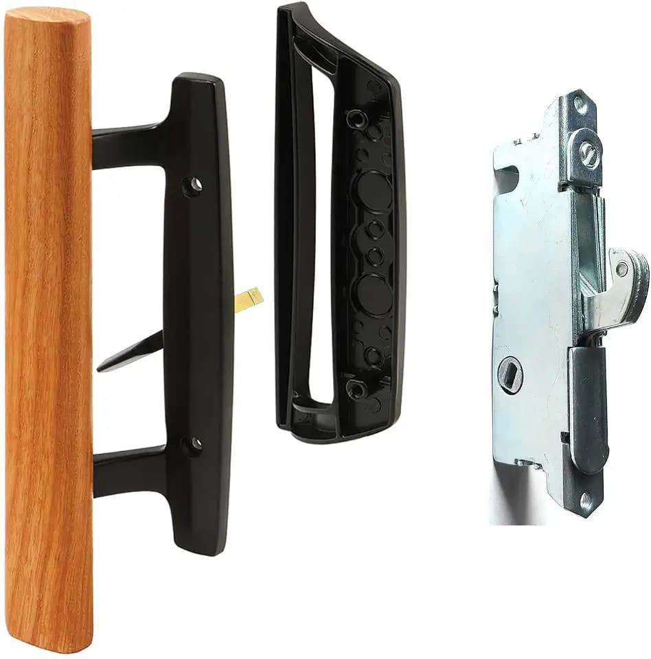 HauSun Sliding Glass Patio Door Handle Set Oak Wood Interior Handle and Exterior Pull in White Diecast Finish+Mortise Lock 45° Keyway Fits 3-15/16” Screw Hole Spacing, Non-keyed with Latch Locks