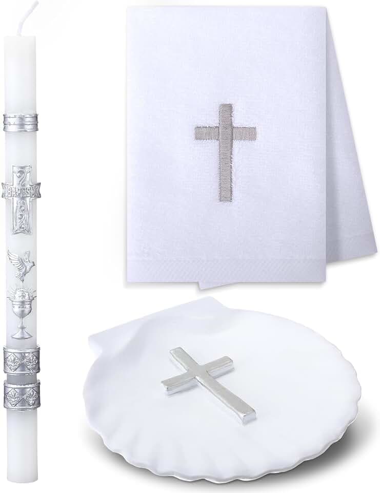 Lyrow 3 Pcs Baptism Candle Set for Boys and Girls Baptism Kit Include Baptismal Candle, Towel, Shell for Kids Christenings Favor(Chalice Dove Candles,Silver)