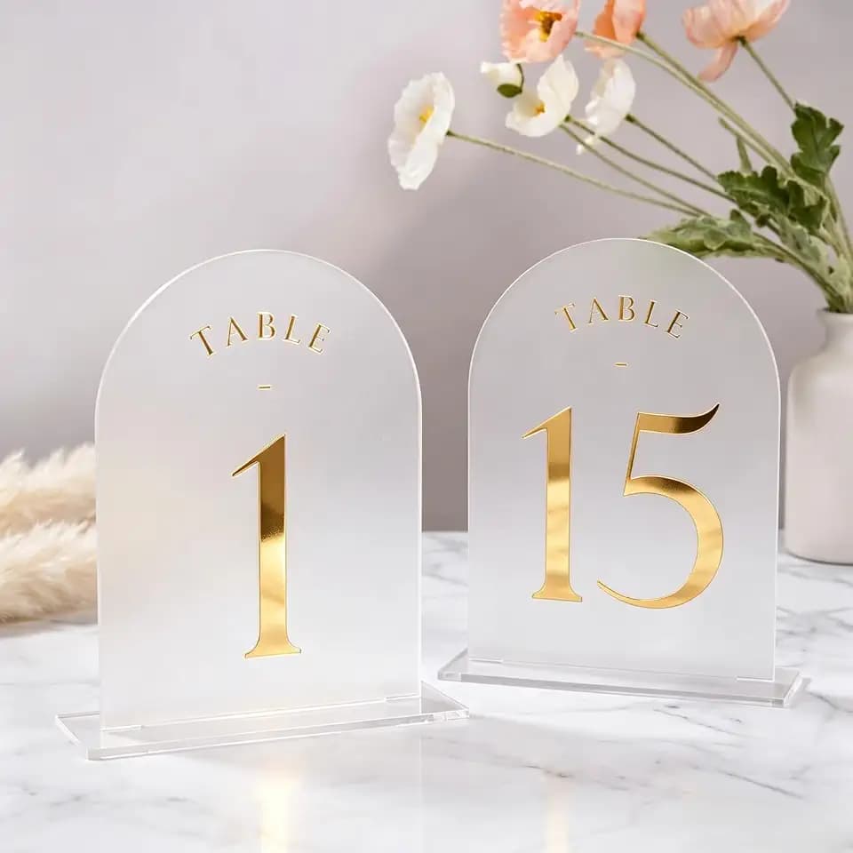 UNIQOOO Frosted Arch Wedding Table Numbers 1-15 w/Stands, Gold Foil Printed 5x7 Acrylic Display Signs &Holders, Pack of 15, Perfect for Centerpiece, Reception, Decoration, Party, Anniversary, Event