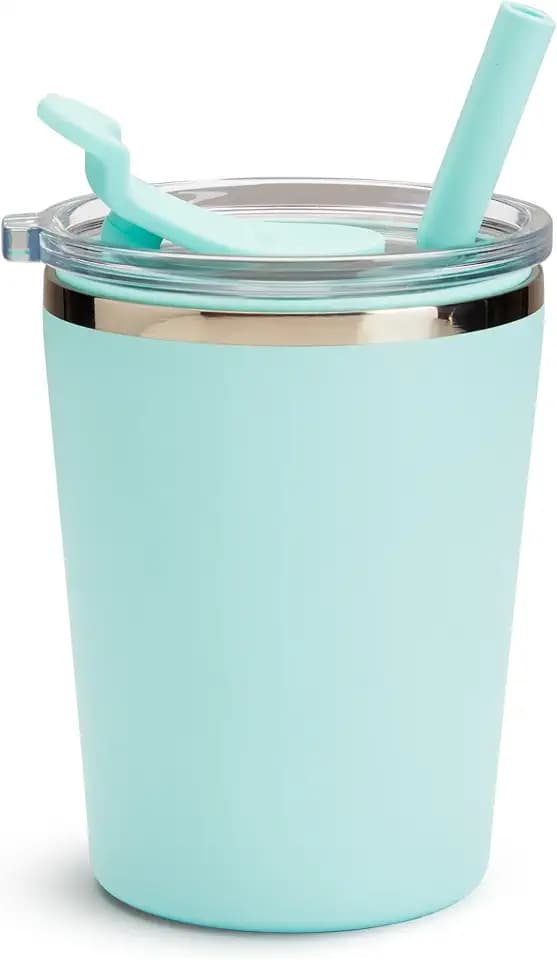 Munchkin Steel My Heart™ 2-in-1 Toddler Sippy Cup Tumbler with Spill Proof Simple Clean™ Straw and Open Sipper Lid, 8 Ounce, Stainless Steel, Teal/Blue