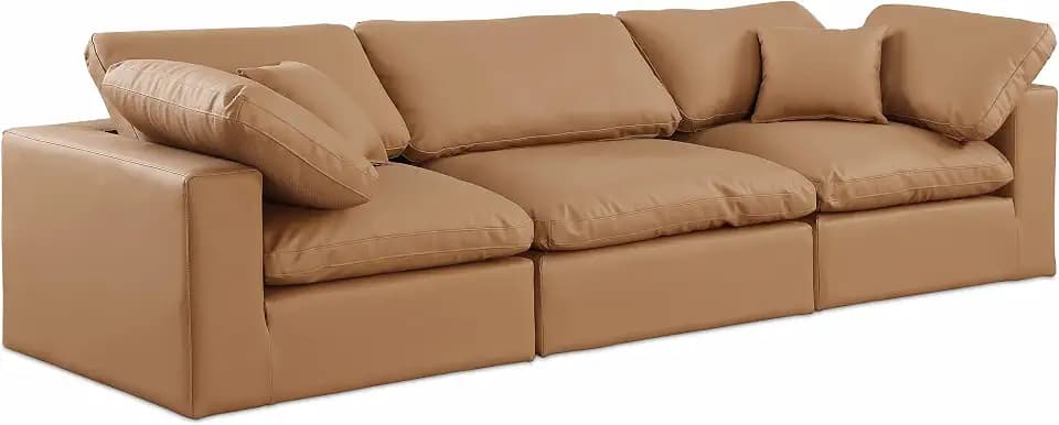 Meridian Furniture 188Cognac-S119 Comfy Collection Modern | Contemporary Upholstered Modular Sofa with Soft Cognac Vegan Leather, Fiber-Filled, 119" W x 40" D x 34.5" H, Cognac