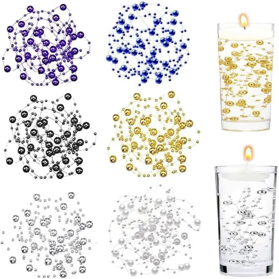 98ft Artificial Pearl String, CNYMANY 6 pcs Faux Pearls Beads String for Vase Fillers and Floating Candles Centerpiece Wreath Decoration for Valentine's Day Wedding Dinning Table Christmas Party