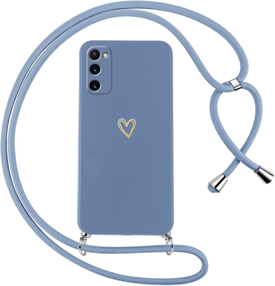 Handyband für Samsung Galaxy S20 Hülle mit Band Herz Motiv Handyhülle für zum Umhängen Silikon Stoßfest Ultra Dünn Weich Schutzhülle mit Kordel Necklace Kette Love Muster Case,Blau