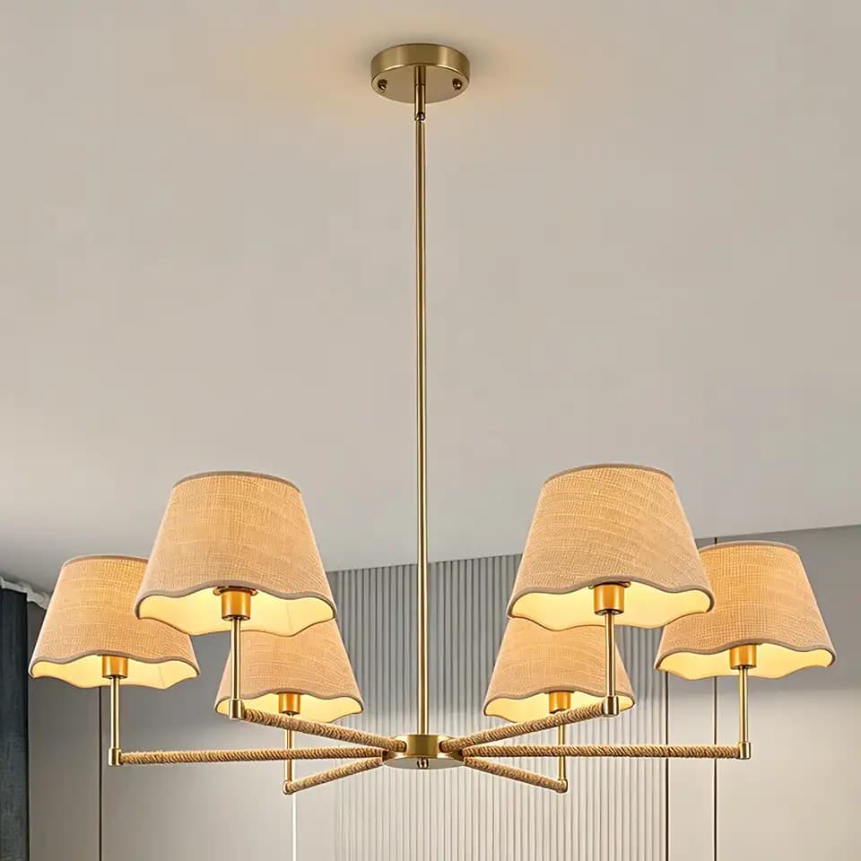 Brass Gold Chandelier 6-Lights 38" Boho Rattan Pendant Light Large Adjustable Pendant Light Fixtures for Kitchen Island Dining Living Room