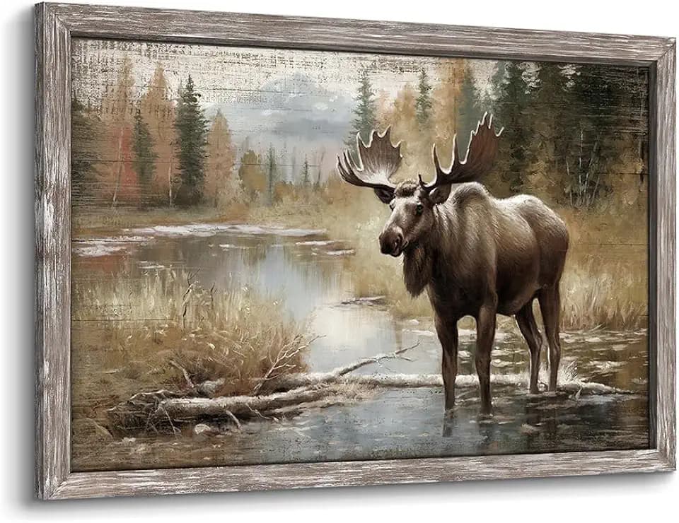 old barn Widlife Wooden Framed Wall Art Moose Picture 16x12 Inch