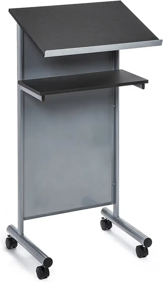 Audio-Visual Direct Wheeled Lectern Podium - Standing Desk with Storage Shelf - Silver/Black - Ideal for Presentations and Laptop Use